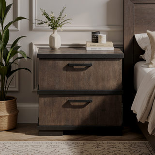 Sunvega Brown Black Finish 2-Drawers Nightstand Modern Industrial Bedroom Furniture
