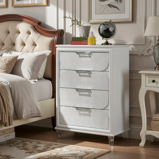 Sunvega Contemporary Glam Pearl White Nightstand with Embossed Panels and Acrylic Handles