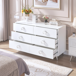 Sunvega Modern White Dresser with Six Spacious Storage Drawers and Chrome Legs
