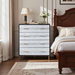 Sunvega Modern Nightstand with Patterned Drawer Fronts and Three Spacious Storage Drawers