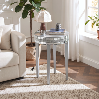 Sunvega Diamond-Cut Round Mirror Breakfast Table with Tempered Glass Top for Small Spaces