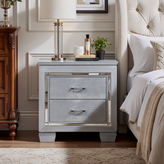 Sunvega Silver Faux Alligator Embossed Nightstand with 2 Dovetail Drawers and LED Lighting