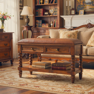 Sunvega Amber Oak Leather Spindle Bench with 2 Drawers and 1 Shelf for Entryway