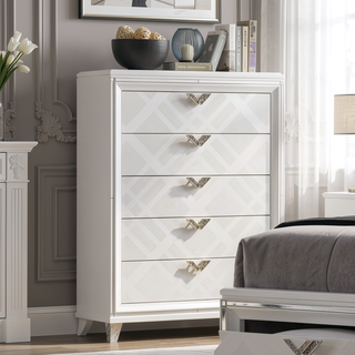 Sunvega White Finish Contemporary Style Chest with Acrylic Legs and Embossed Art Deco Pattern