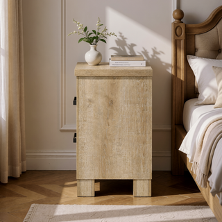 Sunvega Weathered Oak Two-Drawer Nightstand with Dark Bronze Handles