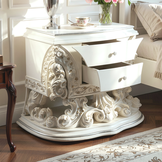 Sunvega Antique White Finish Nightstand with 2 Scrolled Floral Storage Drawers