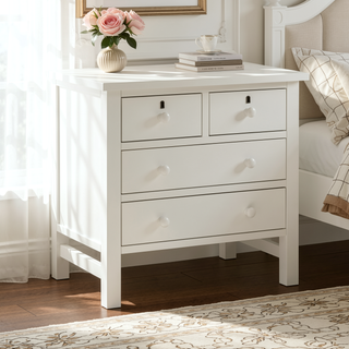 Sunvega Antique White Nightstand with 4 Drawers and Faux Keyhole Accents
