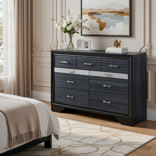 Sunvega Naima Black Finish Dresser with Jewelry Drawer and Silver Drawer Pulls