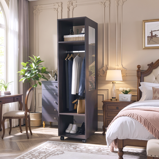 Sunvega 63 Inch Tall Wardrobe with Mirror Three Shelves and Hanging Rod