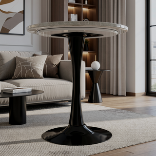 Sunvega Round White Pedestal Side Table with Marble Effect Top for Living Room