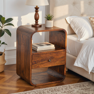 Sunvega Solid Mango Wood Chestnut Finish Nightstand with Drawer and Open Slots