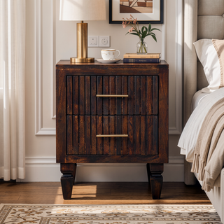 Sunvega Solid Mango Wood Nightstand with 2 Fluted Drawers and Brass Handles
