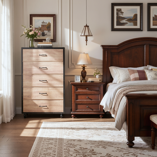 Sunvega Weathered Light Oak 5-Drawer Chest with Side Metal Glides and Industrial Caster Wheels