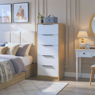 Sunvega White Pine Modern Vertical Five Drawer Dresser for Narrow Spaces