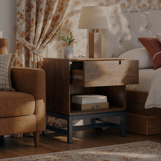 Sunvega Mid Century Nightstand with Storage Drawer and Walnut Brown Finish