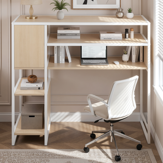 Sunvega Display Farmhouse Bar Height Table with Storage Space in White Metal and Natural Wood