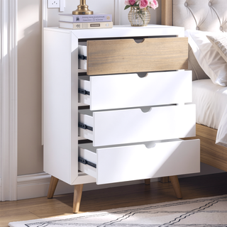 Sunvega White and Natural Finish Pine Wood Nightstand with Drawer and Shelf
