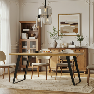 Sunvega Handcrafted Modern Industrial Dining Table with Solid Wood Oak Veneer Top