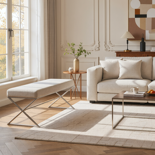 Sunvega Beige Tufted Upholstered Bench with Plush Cushioned Seat and Champagne Metal Legs