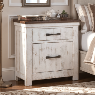 Sunvega Transitional Style Distressed White Plank Design 2-Drawer Nightstand with USB