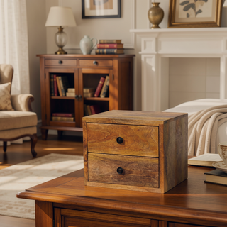 Sunvega Solid Mango Wood Wall Mounted Nightstand with Two Drawers and Oak-ish Finish