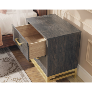 Sunvega Contemporary Gray Finish Nightstand with Gold Metallic Accents and Two Drawers