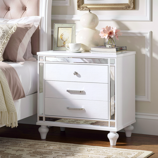 Sunvega Contemporary White High Gloss Lacquer Nightstand with Chrome Handles and USB Charger