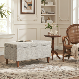 Sunvega Cream Chevron Woven Fabric Storage Bench Ottoman with Hardwood Frame