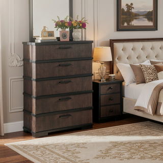 Sunvega Brown Black Finish 2-Drawers Nightstand Modern Industrial Bedroom Furniture