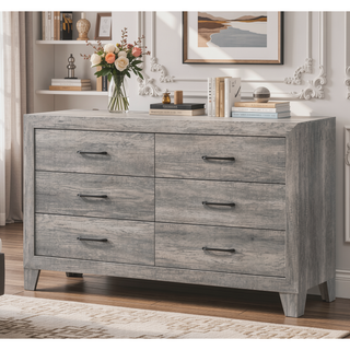 Sunvega Gray Wood Grain Finish Six Drawers Contemporary Dresser Bedside Cabinet