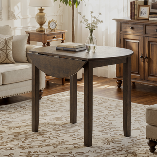 Sunvega Walnut Finish Round Drop Leaf Dining Table for Small Kitchen