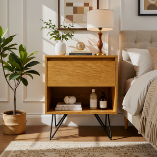 Sunvega Industrial Modern Oak Veneer Nightstand with Drawer and Open Storage