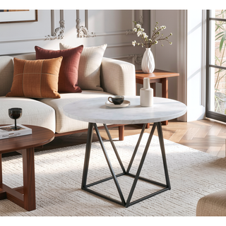 Sunvega White Marble Top Round Dining Table with Deep Bronze Iron Base
