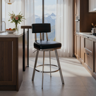 Sunvega 30 Inch Swivel Bar Stool with Black Faux Leather and Brushed Stainless Steel