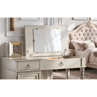 Sunvega Silver Color Rubber Wood Vanity Set with Stool and Open Up Mirror Storage
