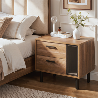 Sunvega Modern Brown Oak and Black 2-Drawer Nightstand with Open Shelf