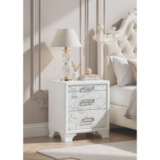 Sunvega Modern White Nightstand with Marble Accent Drawers and Silver Handles