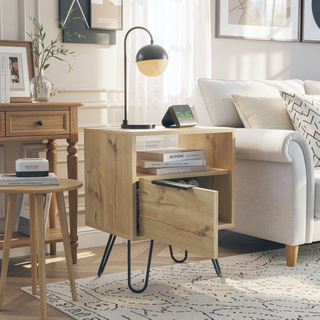 Sunvega Single Door Cabinet Nightstand with Hairpin Legs and Two Shelves