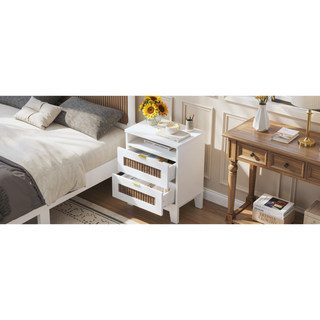 Sunvega White Farmhouse Queen Platform Bed with Wooden Strip Decoration and Plywood Slats
