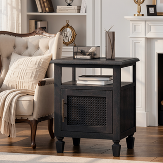 Sunvega Rustic Acacia Wood Nightstand with Cane Webbing and Storage Space