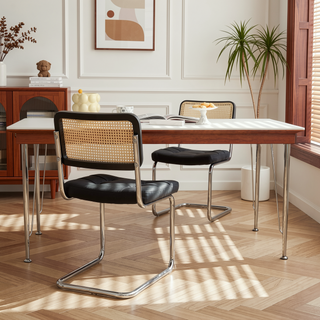 Sunvega Modern Mid Century Velvet Rattan Dining Chairs with Chrome Legs Set of 2