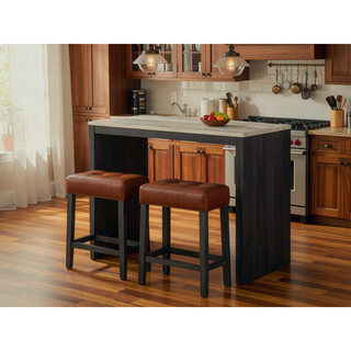 Sunvega Two-Tone Transitional Dining Set with Travertine Table Top and Tufted Seats