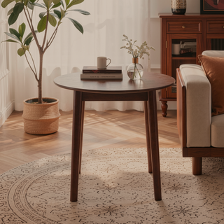 Sunvega Mid-Century Modern Walnut Round Dining Table with White Pedestal Base for 4