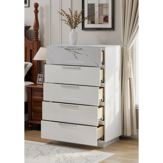 Sunvega Mist Chest White High-Gloss Lacquer Finish with Five Smooth-Glide Drawers