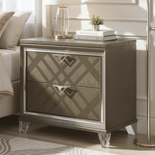 Sunvega Modern Glam Dark Champagne Finish Nightstand with 2 Embossed Drawers and Acrylic Legs
