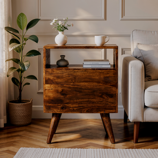 Sunvega Classic Chestnut Mango Wood Nightstand with Brass Knobs and Nordic Legs