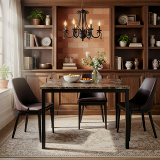 Sunvega Brown Faux Marble Table Top with Black Metal Frame Dining Table