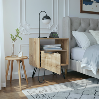 Sunvega Single Door Cabinet Nightstand with Hairpin Legs and Two Shelves