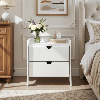 Sunvega Mid-Century Modern White Nightstand with Two Spacious Drawers
