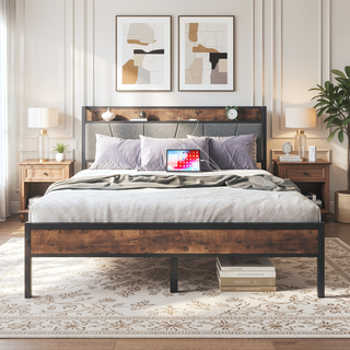 Sunvega Full Size Bed Frame with Storage Headboard and Charging Station Outlets